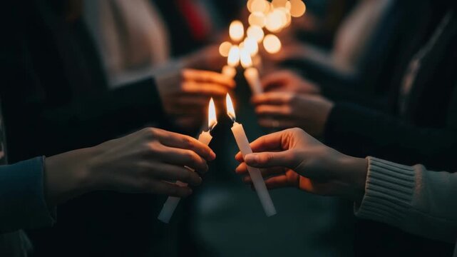 Candlelight vigil: hands lighting candles in unity and warmth. 4k Video footage