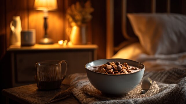 Night cereal snack with bowl of cocoa puffs, dim lamp light and cozy nightstand setting