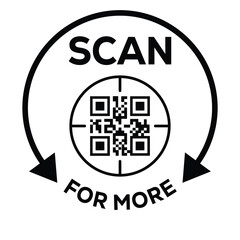 Black and white vector icon featuring a QR code inside a stylized frame, enclosed by a circular arrow and the text 