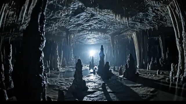 Mysterious Underground Cave with Stalagmites and Stalactites Illuminated by Distant Light.