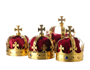 Four ornate golden crowns with red velvet interiors, a regal symbol on a black backdrop