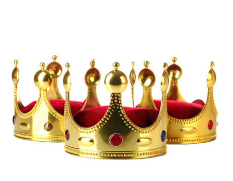 Group of gold crowns with jewel accents on red velvet cushions, against a black backdrop