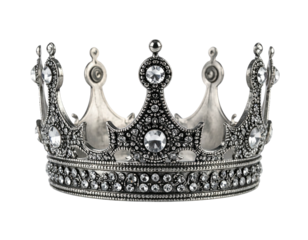 A close-up studio shot of a detailed ornate silver crown with clear gem insets
