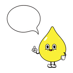 Urine drop character with speech bubble giving advice