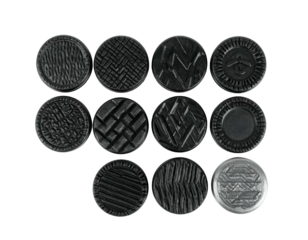 A collection of twelve textured, circular objects, displayed against a stark black background