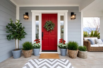 House front porch with red door and welcome mat