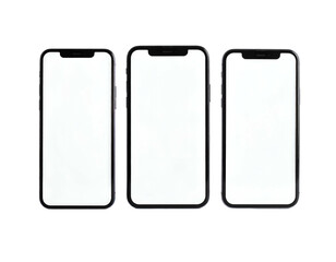 Three modern smartphones arranged vertically, displaying blank white screens on a black background