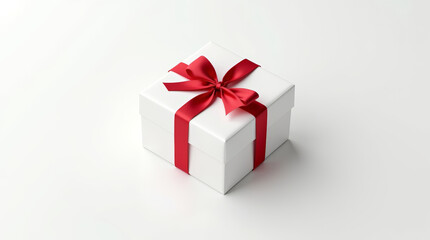 Fototapeta premium White box tied with red satin ribbon on a clean white background, simple holiday design