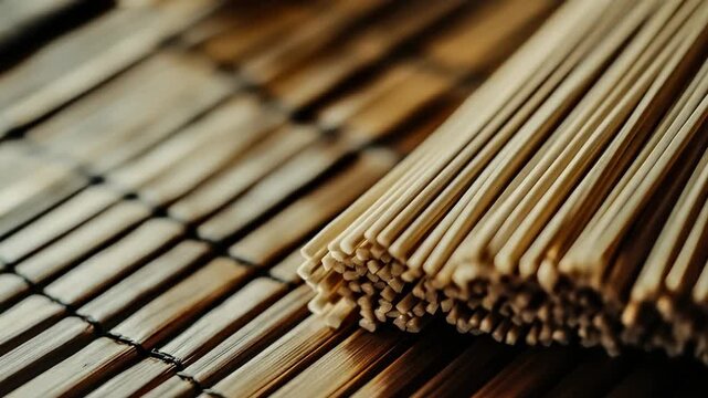 A stack of bamboo sticks resting on a woven bamboo mat