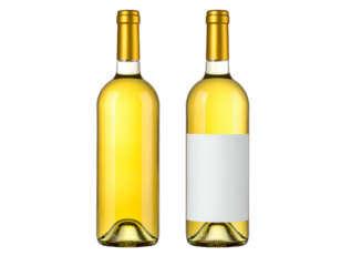 Two wine bottles filled with yellow liquid; one has a blank label for customization