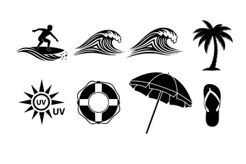 Australian Summer Beach Black Silhouette Vector Collection: Surf, Waves, Sun, Palm Tree, Holiday Icons for Travel and Seasonal Design.	