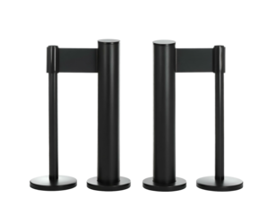 Two retractable stanchions with black finish and extended security belts