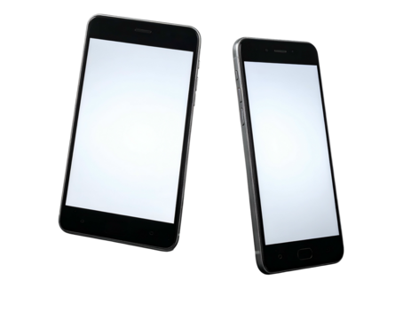 Two smartphones isolated on a black background, displaying blank white screens, at different angles
