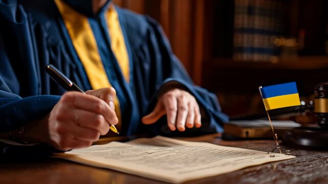 A judge gavel with a Ukrainian flag. Wooden judge&rsquo;s gavel resting on desk with a judge .Wooden judge&rsquo;s gavel resting on desk with a judge in the background in courtroom setting.