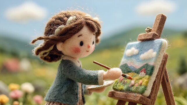 Artistic doll painting landscape on easel outdoors