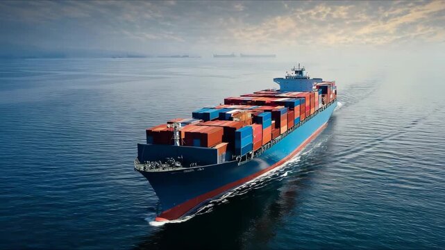 Large cargo ship navigating through calm waters, showcasing bright containers against a dramatic sky in the early morning light