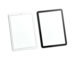Two modern digital tablet devices in different color frames with blank white screens, isolated