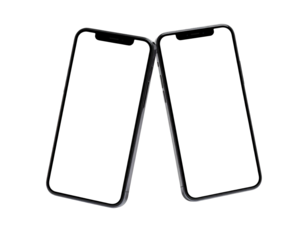 Two smartphones are tilted, touching screens, black displays, isolated against black background