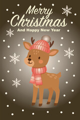 Fototapeta premium Cute Cartoon Reindeer Christmas Card Design with Snowflakes and Holiday Cheer