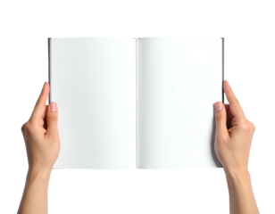 A person's hands opening a blank book against a black background, ready for content