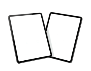 Two blank digital tablets, angled and overlapping, isolated on a transparent background