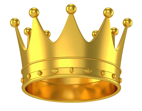 Shiny, gold crown, intricately designed, resting on a transparent background, high definition