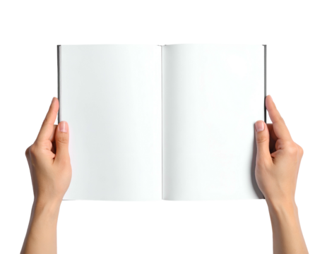 A person's hands opening a blank book against a black background, ready for content