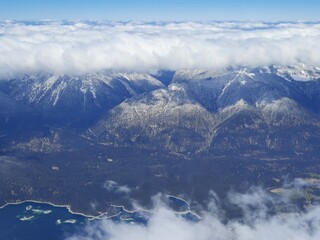Snow covered mountain top in Austria. View of the Alps from the Zugspitze, the highest mountain in Germany