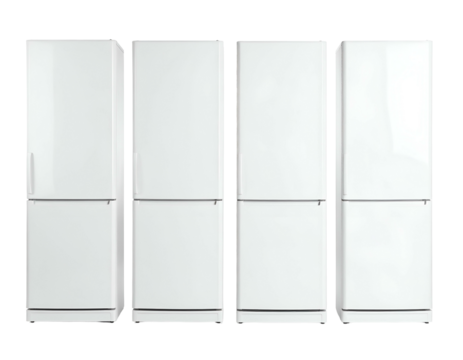 Four white, modern refrigerators arranged side-by-side on a clean, white background