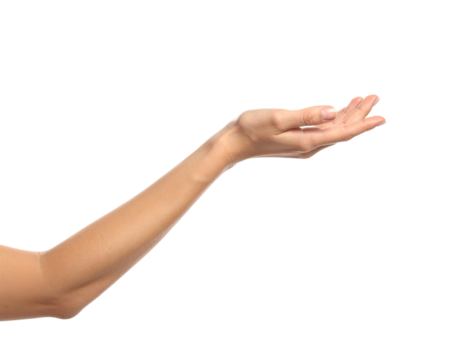 A light-skinned arm extends forward, palm facing upward, on a black background