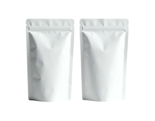Two blank, white, vertically oriented, resealable pouches sit against a black background