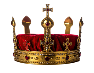 Ornate golden crown with red velvet lining and gems, isolated against a dark background