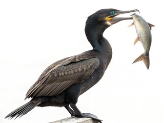 Brandt’s Cormorant Catching Fish Isolated on White