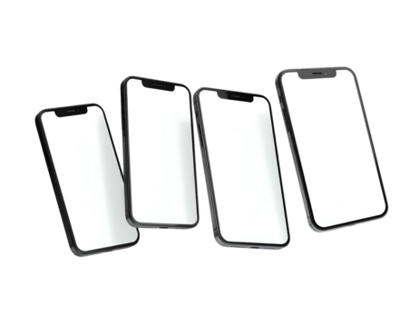 Four sleek, modern smartphones with blank white screens, arranged at slight angles against black