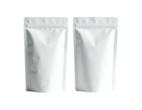 Two blank, white, vertically oriented, resealable pouches sit against a black background