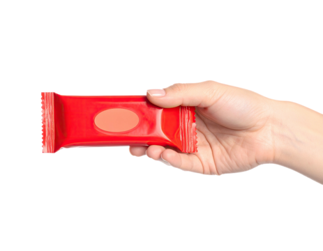 A hand holding a red rectangular packaged product against a black background
