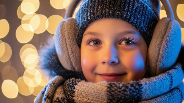 Cozy winter portraits: child enjoying festive lights with ear muffs and scarf. 4k Video footage
