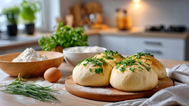 Baking fresh bread dough buns with herbs in kitchen