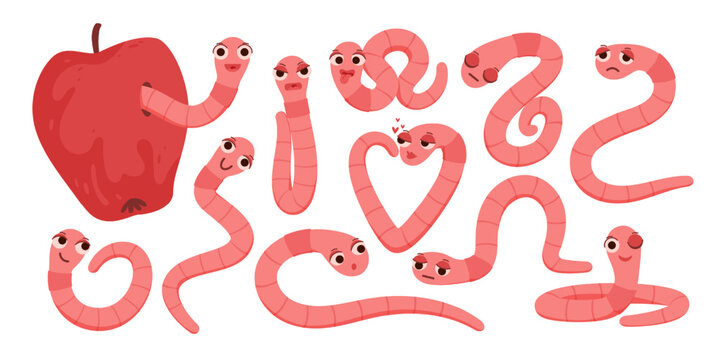 Funny cartoon worms with expressive faces and an apple, various poses and emotions, playful and educational design for kids, isolated on white background vector illustration