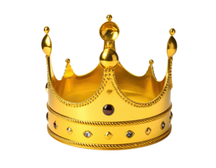 Shiny golden object shaped like a crown with jewels and ornate details