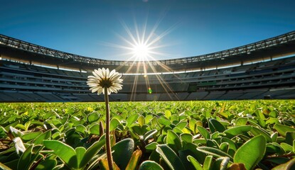 Daisy grows in stadium field, sunburst on seats. Background is open. Use for sports