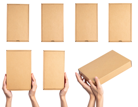 Various cardboard boxes, some in hands, isolated on transparent background