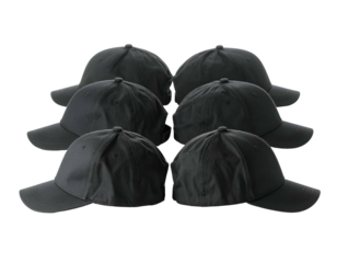 Six symmetrical black caps arranged in a grid against a solid black background