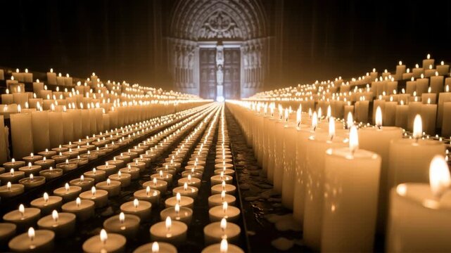Enchanting candlelit pathway in majestic cathedral setting with glowing illumination. 4k Video footage