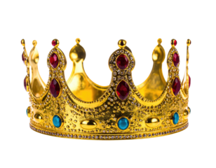 Close-up of a golden, ornate crown, adorned with red, blue gems and sparkling details