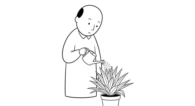 Simple line art illustration of a man diligently watering a potted houseplant, capturing the mindful act of nurturing growth and the quiet dedication to plant care and domestic life