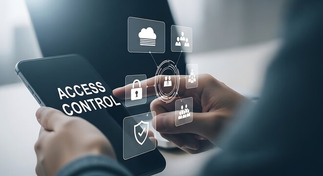Person using smartphone for secure access control with digital security icons