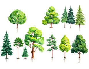 Watercolor illustrations of various stylized trees, showcasing diversity in shape and foliage
