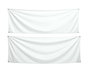 Two blank, white rectangular banners, hanging, eyelets at each corner, isolated on black