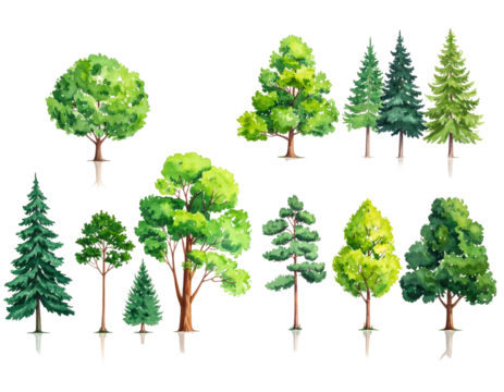 Watercolor illustrations of various stylized trees, showcasing diversity in shape and foliage
